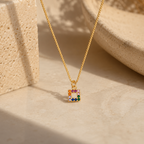 Children's Venetian necklace with a square pendant set with colorful cubic zirconia stones, 18k gold plated, hypoallergenic.