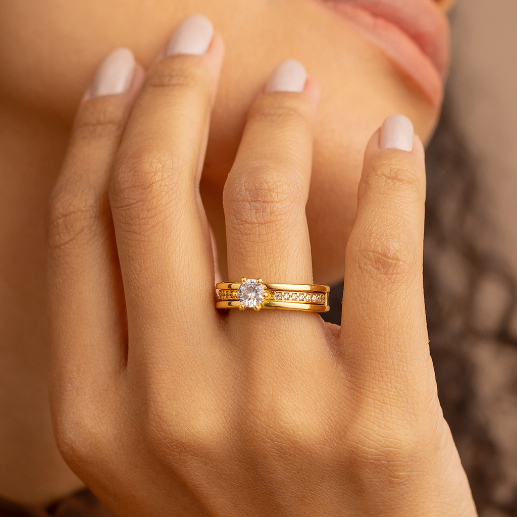18K Gold Plated 2PCS Ring Set with Round Zirconia Solitaire and Pave Band – Luxury Stackable Engagement Style Rings for Women