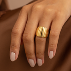 18K Gold Plated Wide Ribbed Open Ring – Adjustable Chunky Minimalist Statement Band for Women