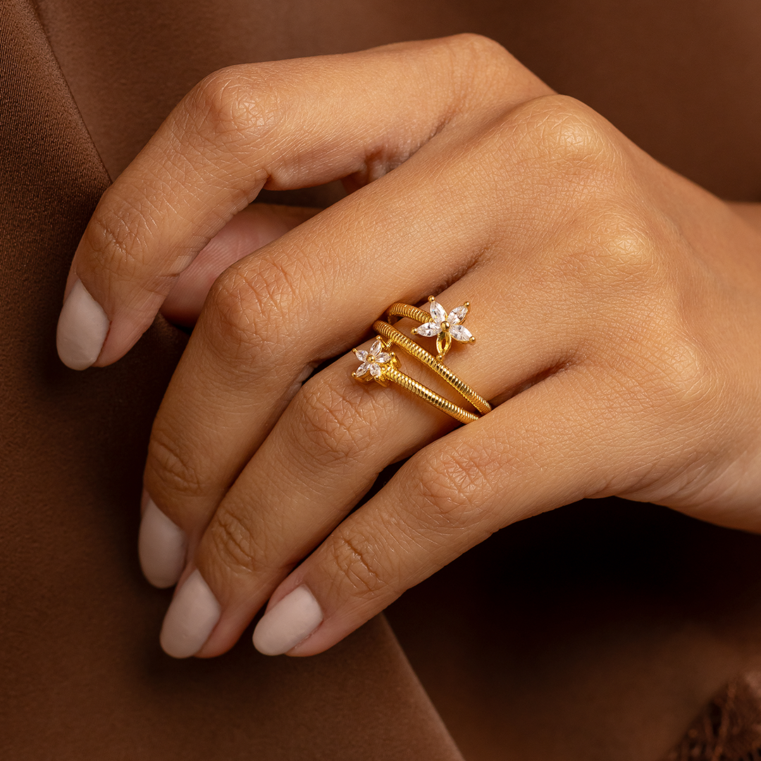 18K Gold Plated Double Band Flower Ring with Marquise Zirconia – Adjustable Floral Statement Ring for Women