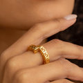 18K Gold Plated Geometric Pattern Ring with Nail Detail – Wide Band Statement Fashion Ring for Women