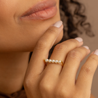 18K Gold Plated Open Ring with Synthetic Pearl Beads – Minimalist Adjustable Stackable Ring for Women