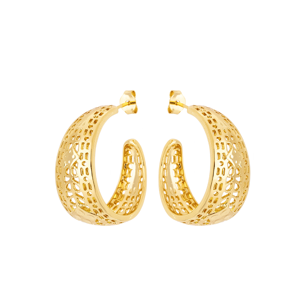 Wide Gold Cutout Hoop Earrings – 18K Gold Plated Openwork Statement Hoops