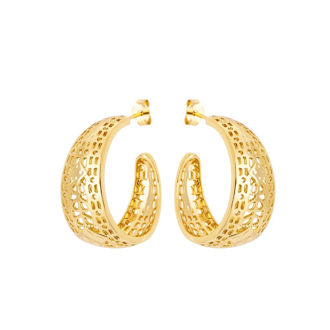 Wide Gold Cutout Hoop Earrings – 18K Gold Plated Openwork Statement Hoops