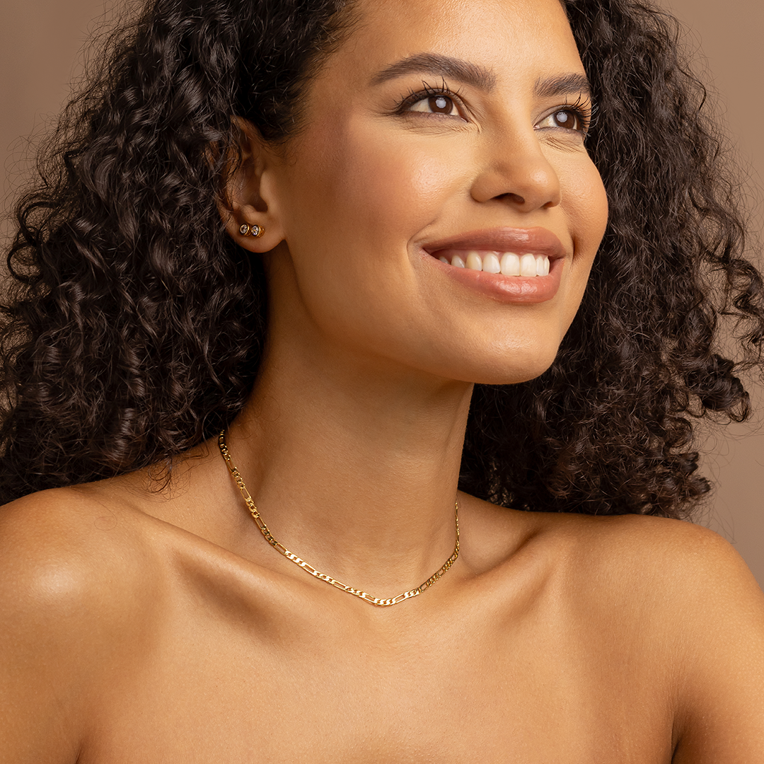 18K Gold Plated Figaro Chain Necklace – Classic Link Minimal Statement Necklace