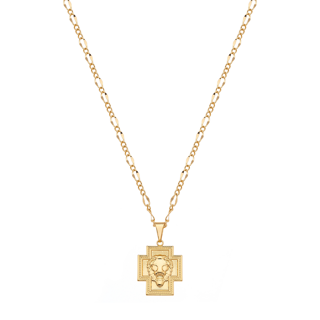 Openwork cross pendant with lion silhouette details - 18k gold plated