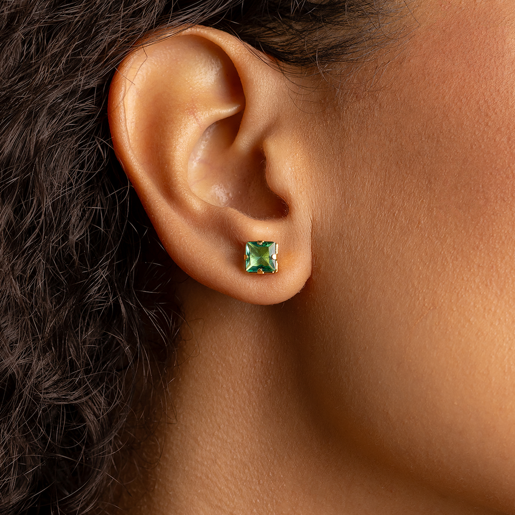Emerald Green Crystal Stud Earrings – 18K Gold Plated Square Cut
