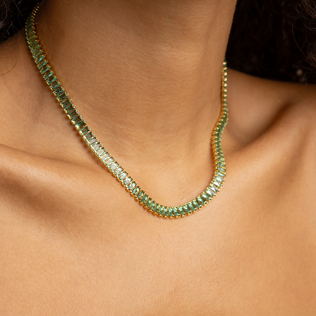 Green Baguette Tennis Necklace – 18K Gold Plated Emerald Tone Chain