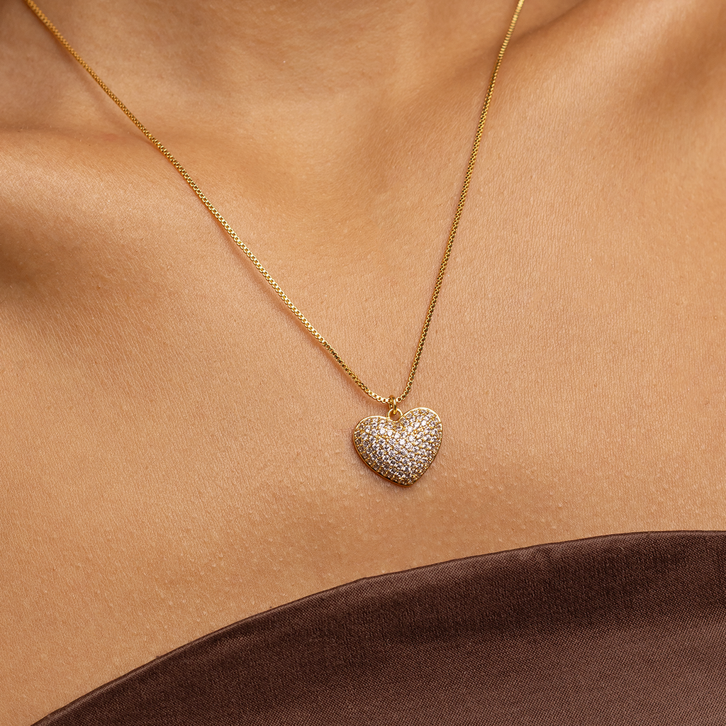 Pavé Heart Pendant Necklace with Zirconia – 18K Gold Plated Romantic Jewelry