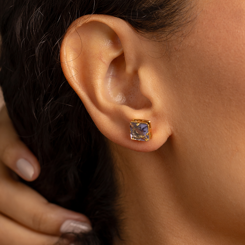 Princess Cut Lavender Zircon Stud Earrings – 18K Gold Plated Square Crystal Earrings