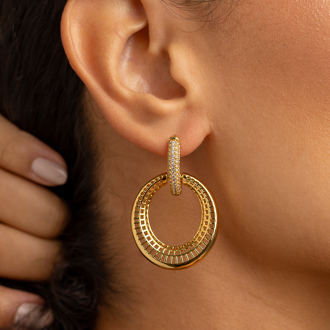 Double Hoop Textured Drop Earrings – 18K Gold Plated with Pavé Crystals