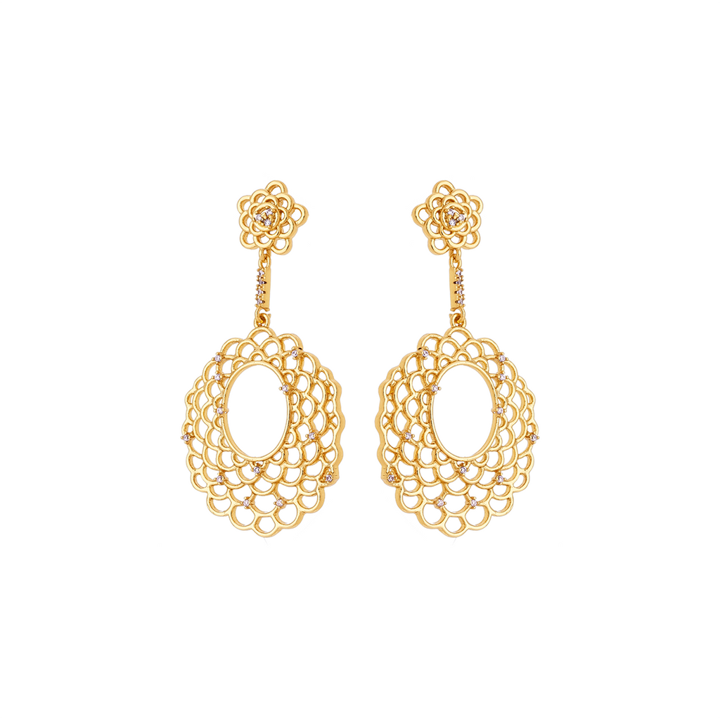 Floral Lace Drop Earrings – 18K Gold Plated Filigree Statement Earrings
