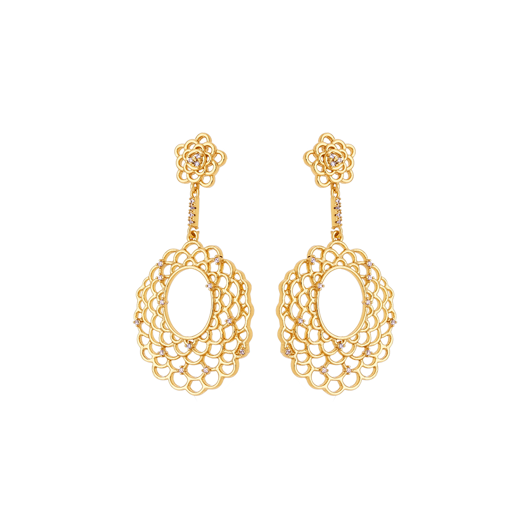 Floral Lace Drop Earrings – 18K Gold Plated Filigree Statement Earrings