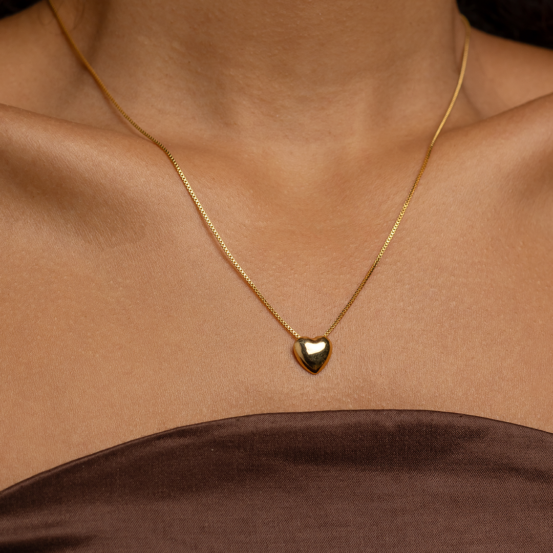 18K Gold Plated Puffy Heart Pendant Necklace – Minimal Romantic Gold Chain