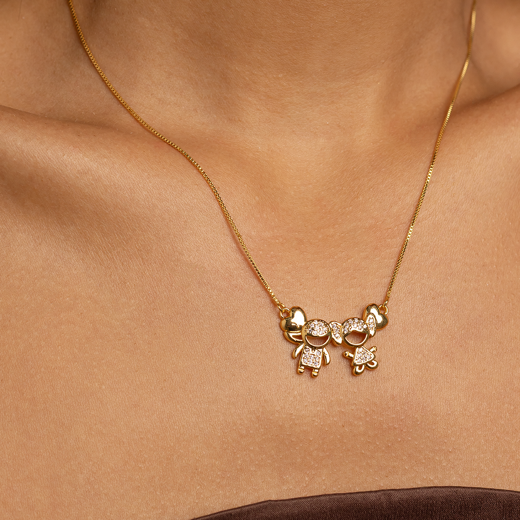 18K Gold Plated Couple Pendant Necklace with Zirconia – Boy & Girl Charm Necklace