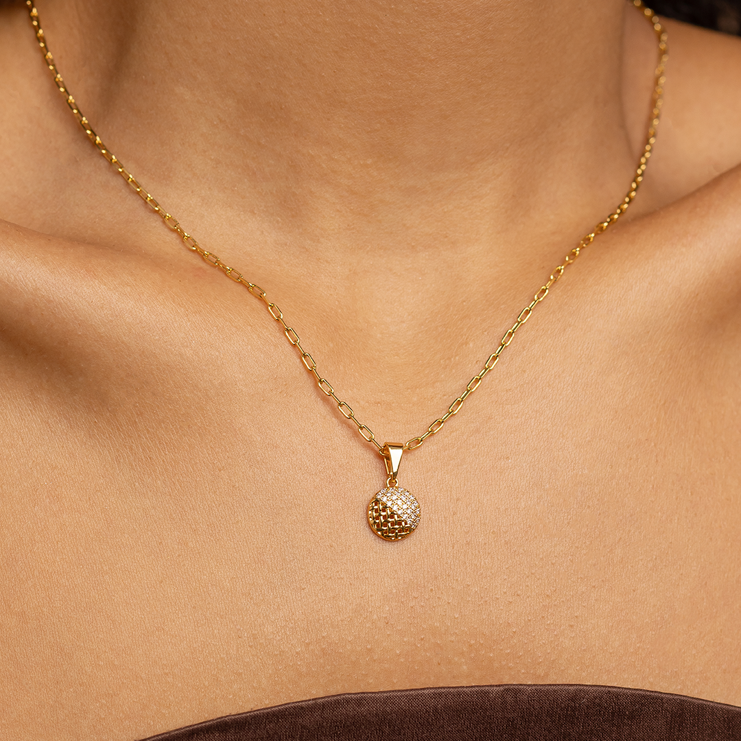 Dual Texture Round Pendant Necklace with Zirconia – 18K Gold Plated Modern Elegant Jewelry