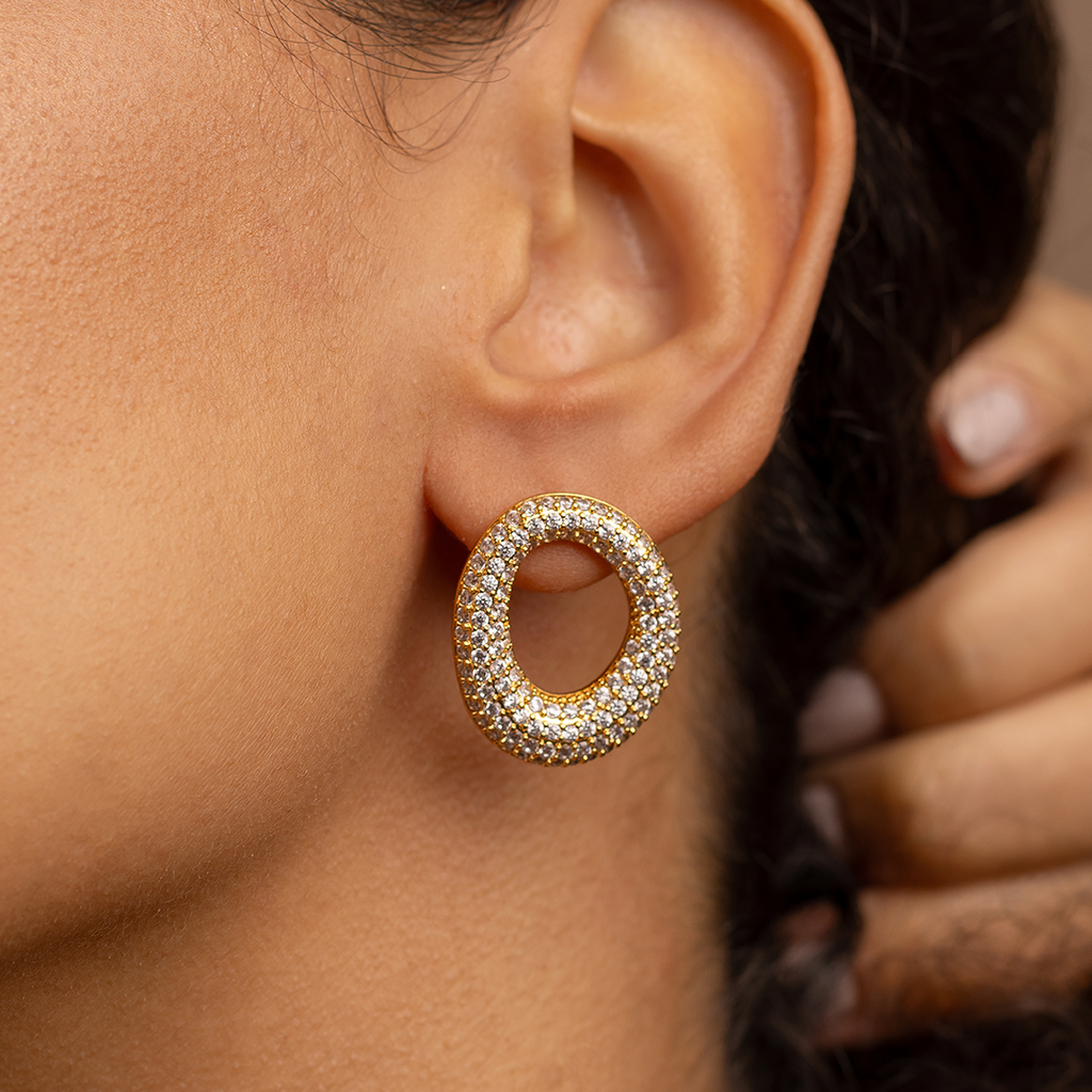 Oval Pave Crystal Earrings – 18K Gold Plated Statement Hoops