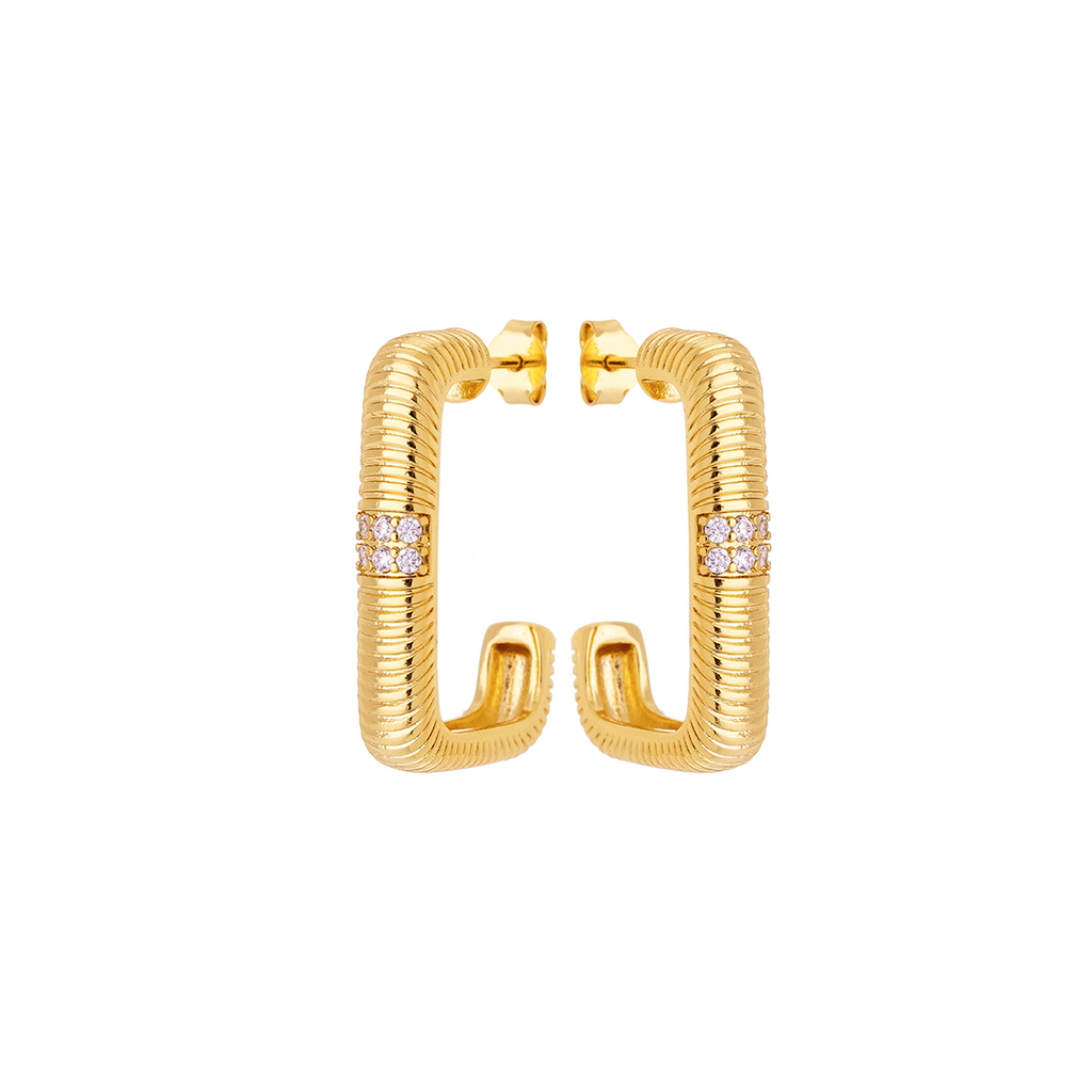 Textured Gold Square Hoop Earrings with Zirconia – 18K Gold Plated Statement Hoops  Product Description: