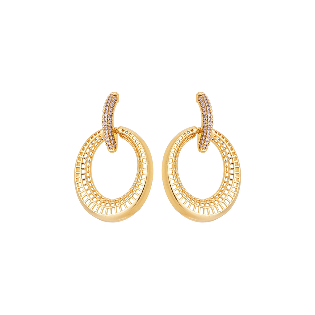Double Hoop Textured Drop Earrings – 18K Gold Plated with Pavé Crystals