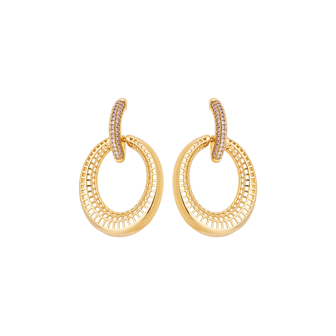 Double Hoop Textured Drop Earrings – 18K Gold Plated with Pavé Crystals