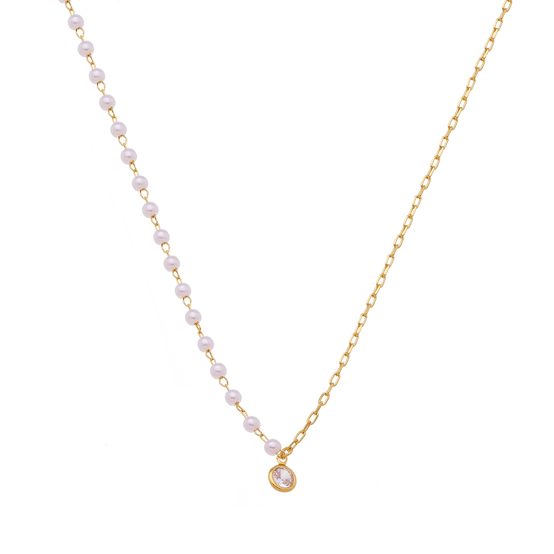 18K Gold Plated Asymmetrical Pearl Necklace with Zirconia Pendant – Modern Minimal Chain