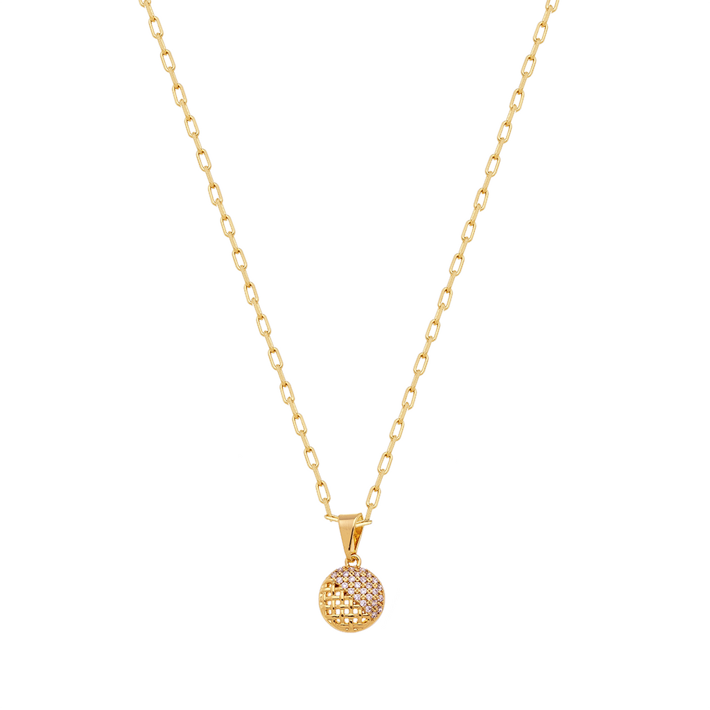 Dual Texture Round Pendant Necklace with Zirconia – 18K Gold Plated Modern Elegant Jewelry