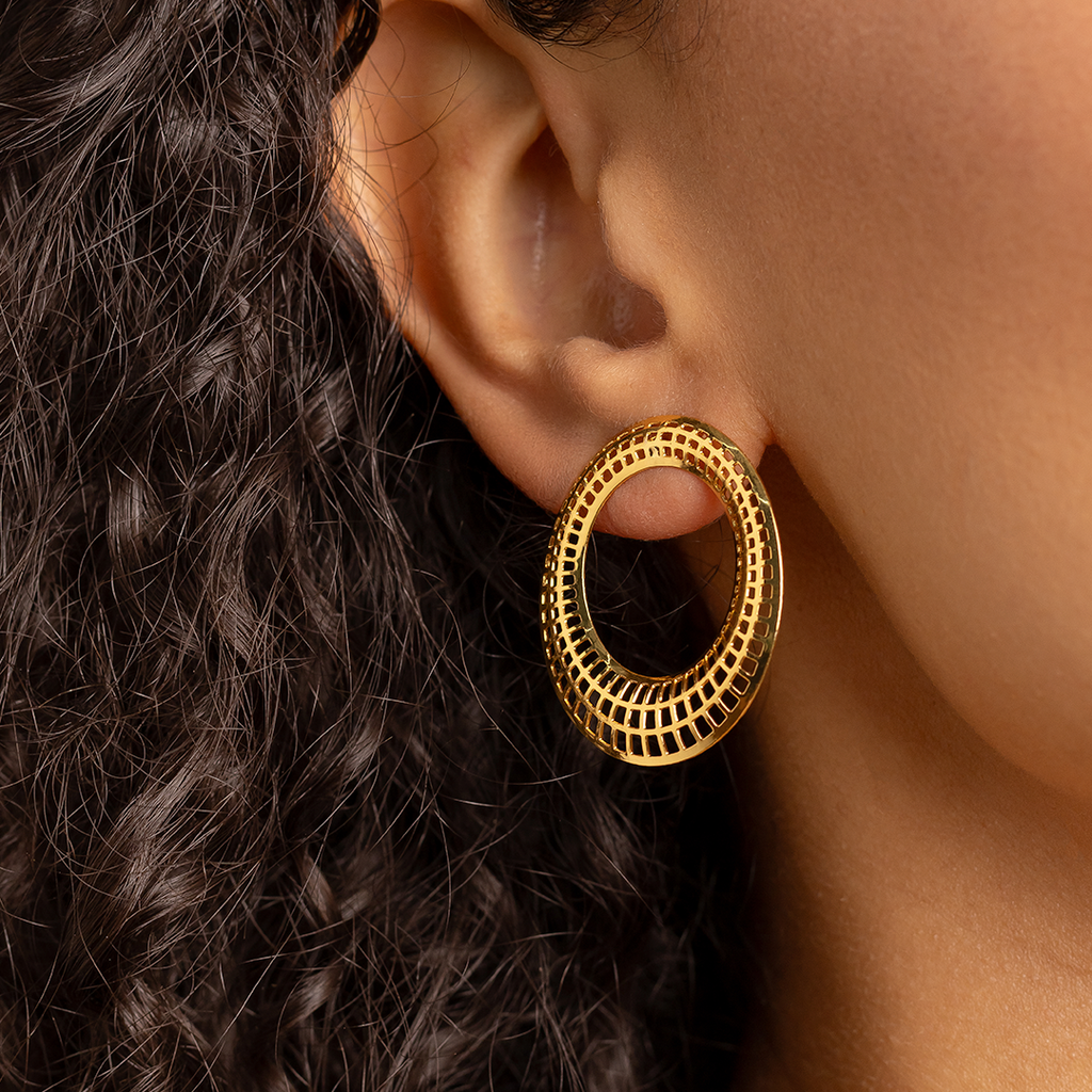 Oval Filigree Hoop Earrings – 18K Gold Plated Openwork Statement Hoops