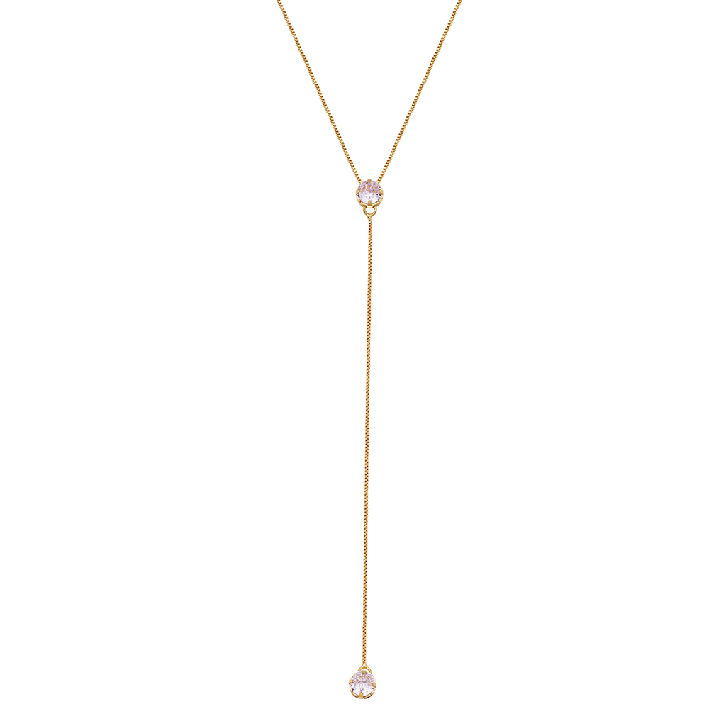 18K Gold Plated Y Drop Necklace with Zirconia – Minimal Lariat Chain Necklace