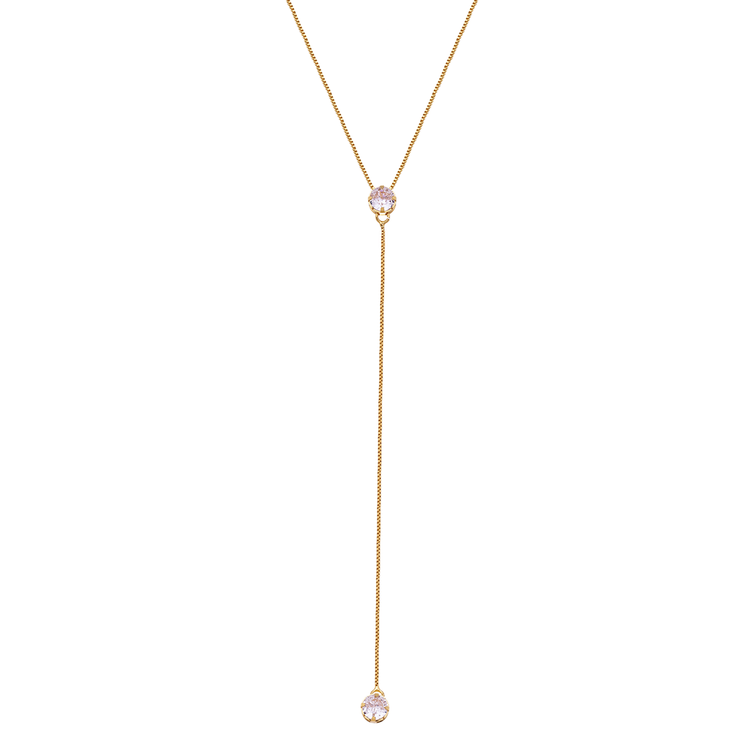 18K Gold Plated Y Drop Necklace with Zirconia – Minimal Lariat Chain Necklace