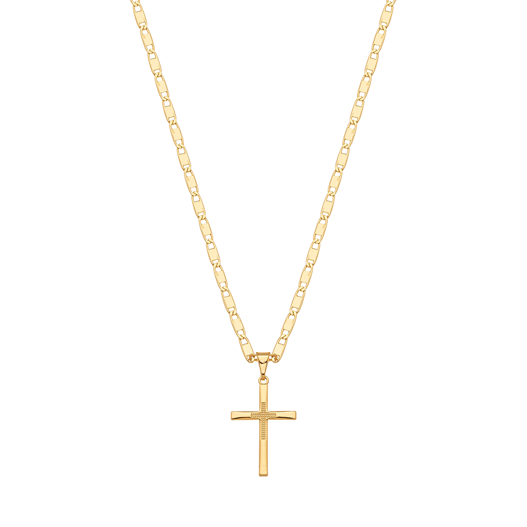 Minimalist stick cross pendant with dotted detail in the center - 18k gold plated