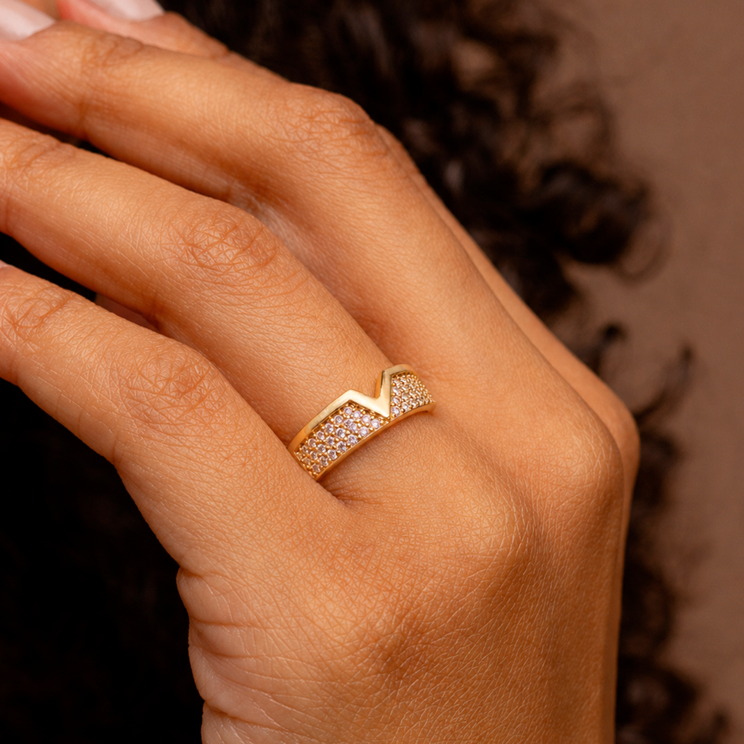 18K Gold Plated V Shape Ring with Micro Zirconia Pave – Geometric Statement Band for Women