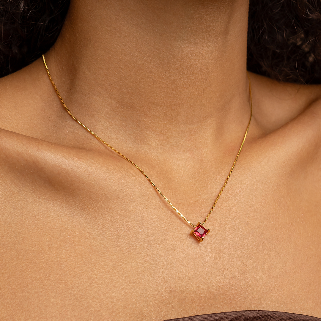 Solitaire Stud Hot Pink Zirconia Necklace – 18K Gold Plated Minimalist Jewelry