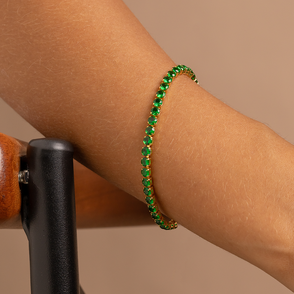 18K Gold Plated Green Zirconia Tennis Bracelet – Adjustable Round Cut Crystal Link Bracelet for Women