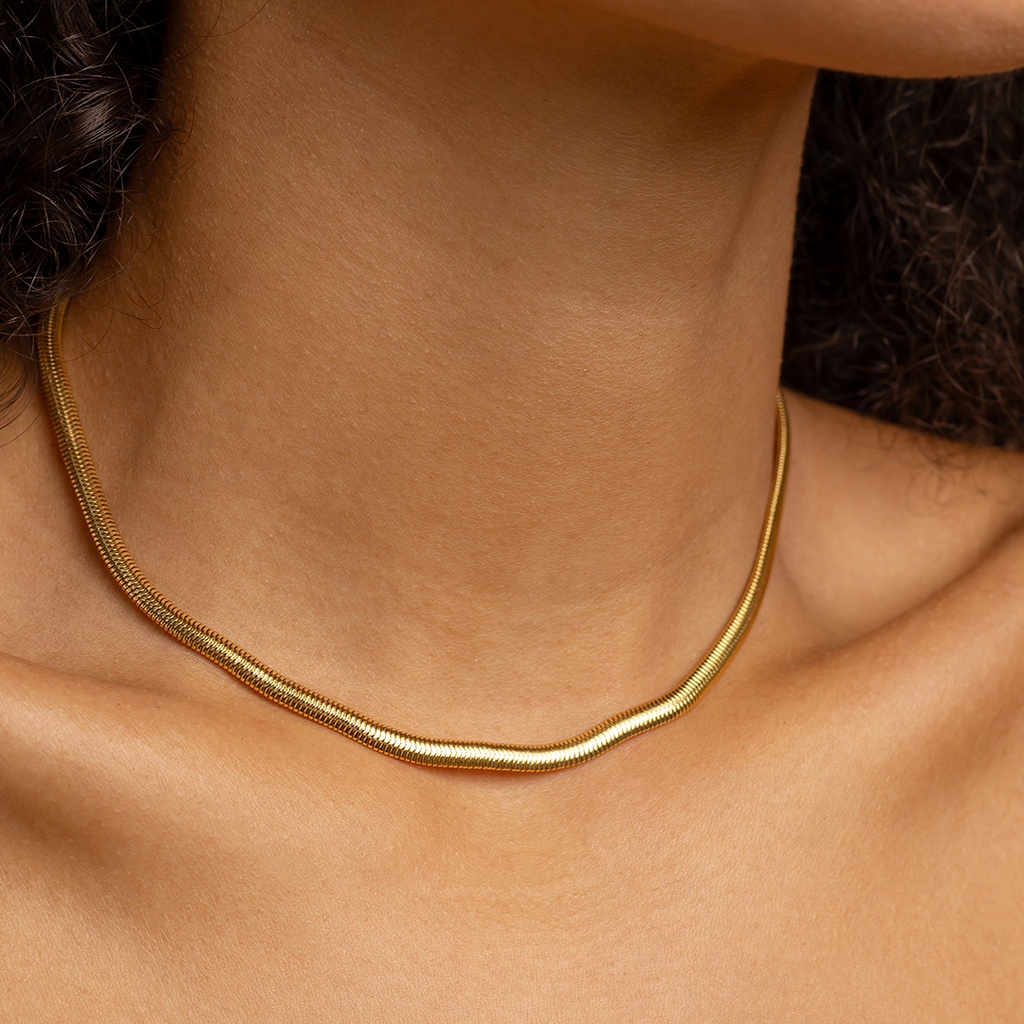 18K Gold Plated Snake Chain Necklace – Sleek Minimalist Flat Chain