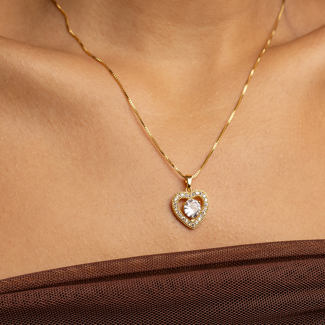 18K Gold Plated Heart Pendant Necklace with Zirconia – Romantic Double Heart Necklace for Women
