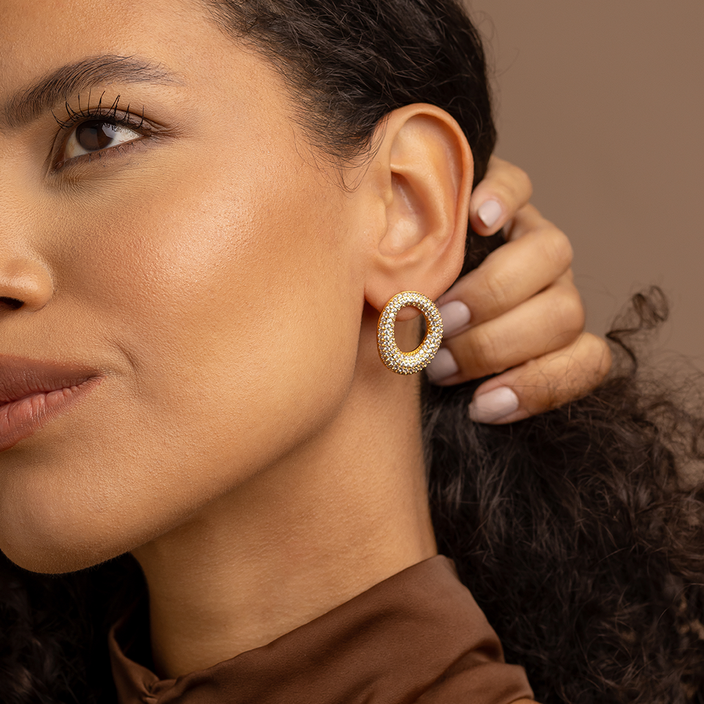 Oval Pave Crystal Earrings – 18K Gold Plated Statement Hoops