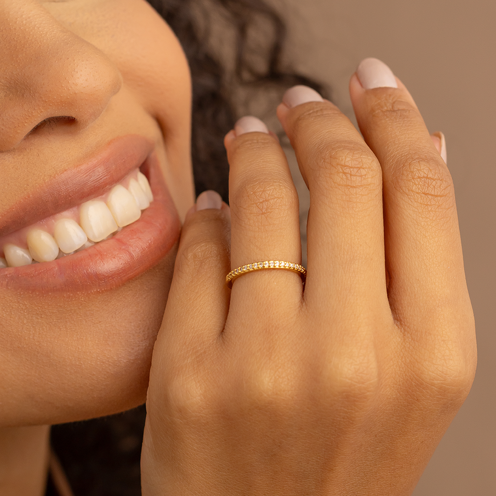 18K Gold Plated Micro Pave Zirconia Ring – Slim Half Eternity Minimalist Stackable Band for Women
