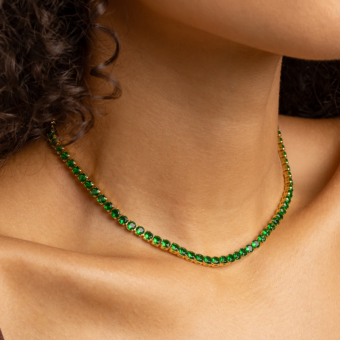 18K Gold Plated Green Zirconia Tennis Necklace – Elegant Emerald Style Choker for Women