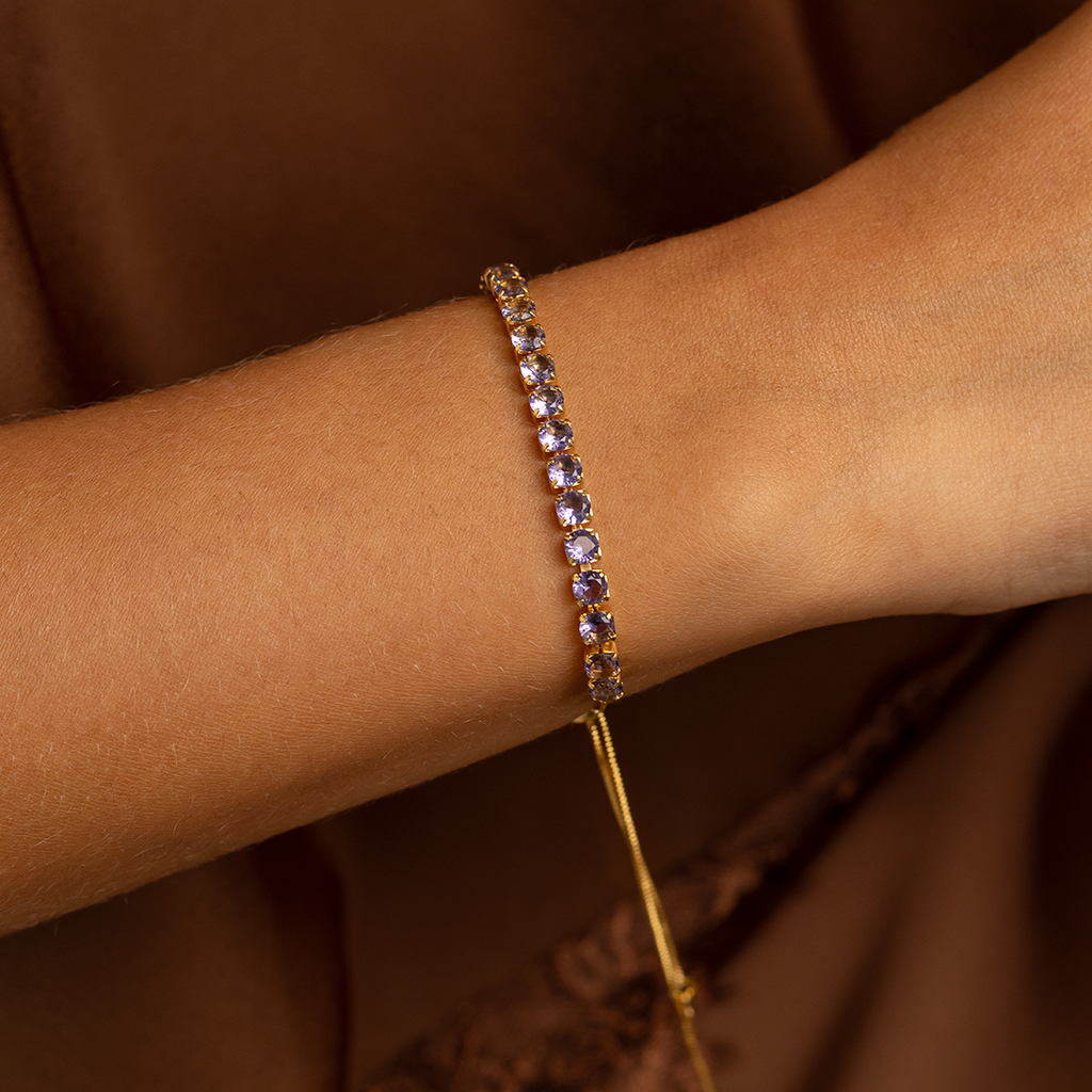 18K Gold Plated Adjustable Tennis Bracelet with Purple Zirconia – Slider Chain Bracelet for Women