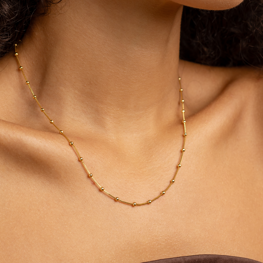 18K Gold Plated Beaded Chain Necklace – Minimalist Satellite Ball Necklace