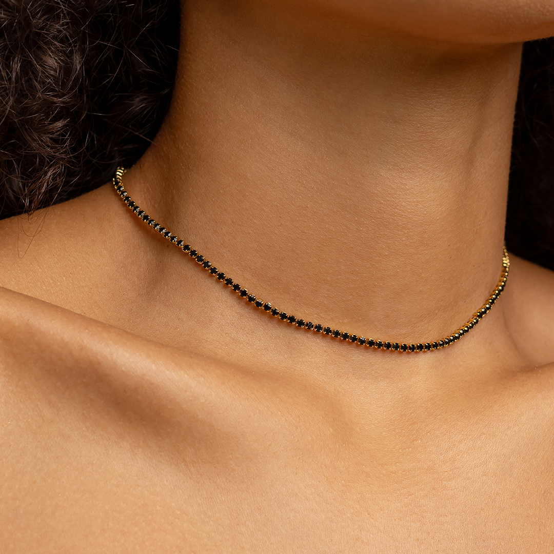 18K Gold Plated Black Zirconia Tennis Necklace – Minimalist Elegant Choker