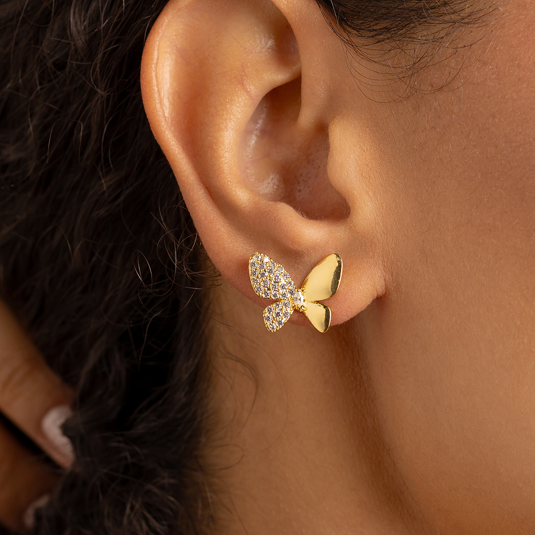Butterfly Zirconia Stud Earrings – 18K Gold Plated Elegant Sparkle