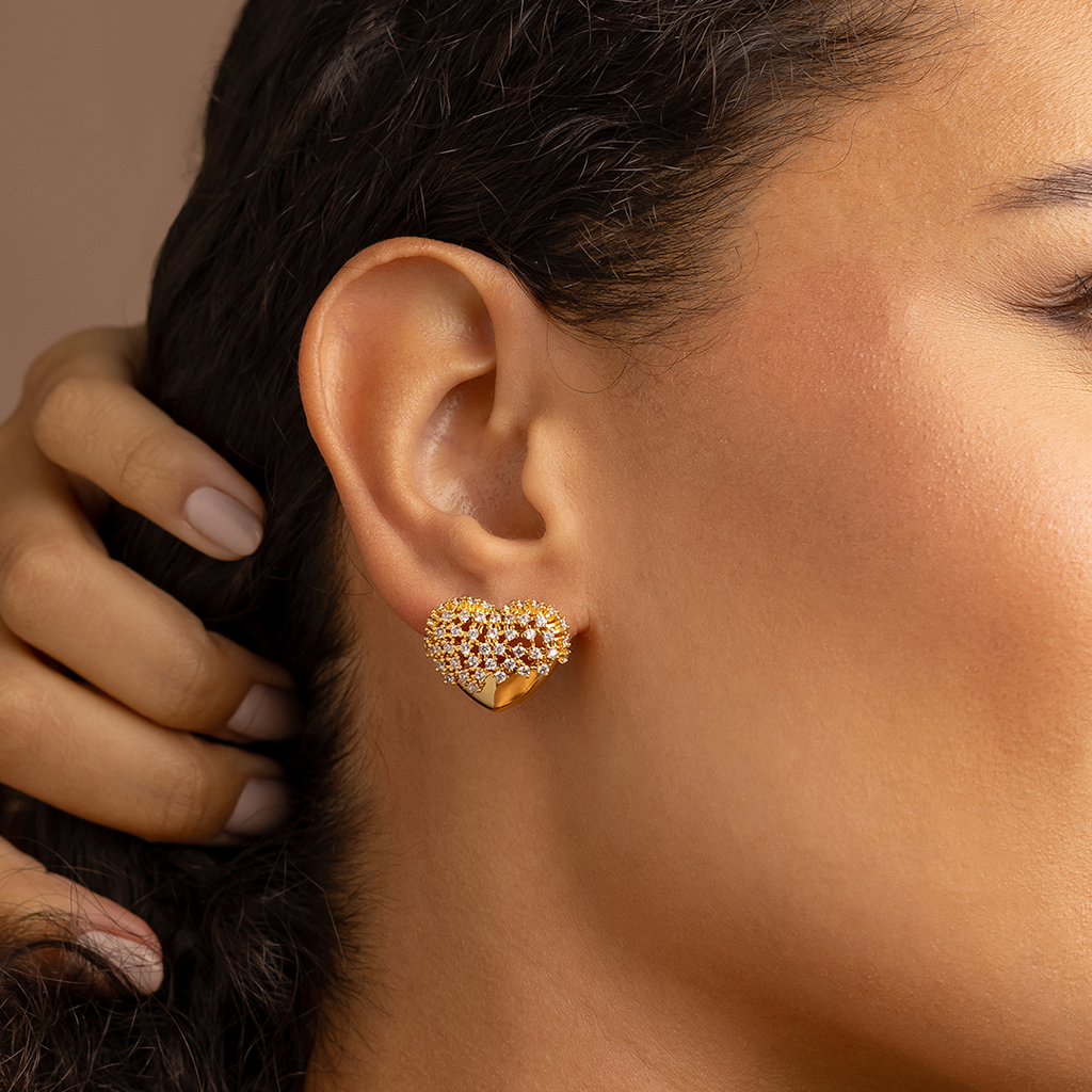 Pavé Heart Stud Earrings – 18K Gold Plated Crystal Statement Studs