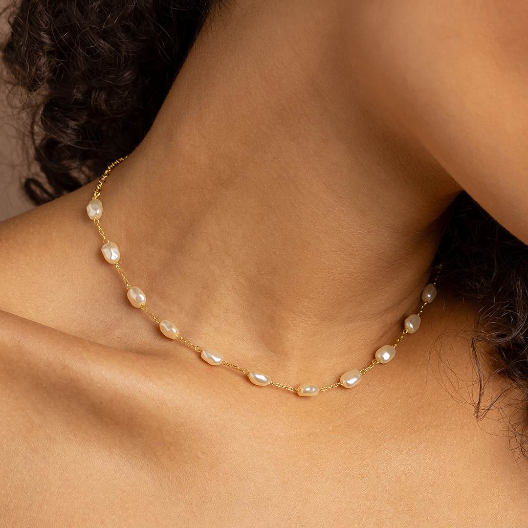 18K Gold Plated Baroque Pearl Chain Necklace – Elegant Minimalist Pearl Station Necklace for Women