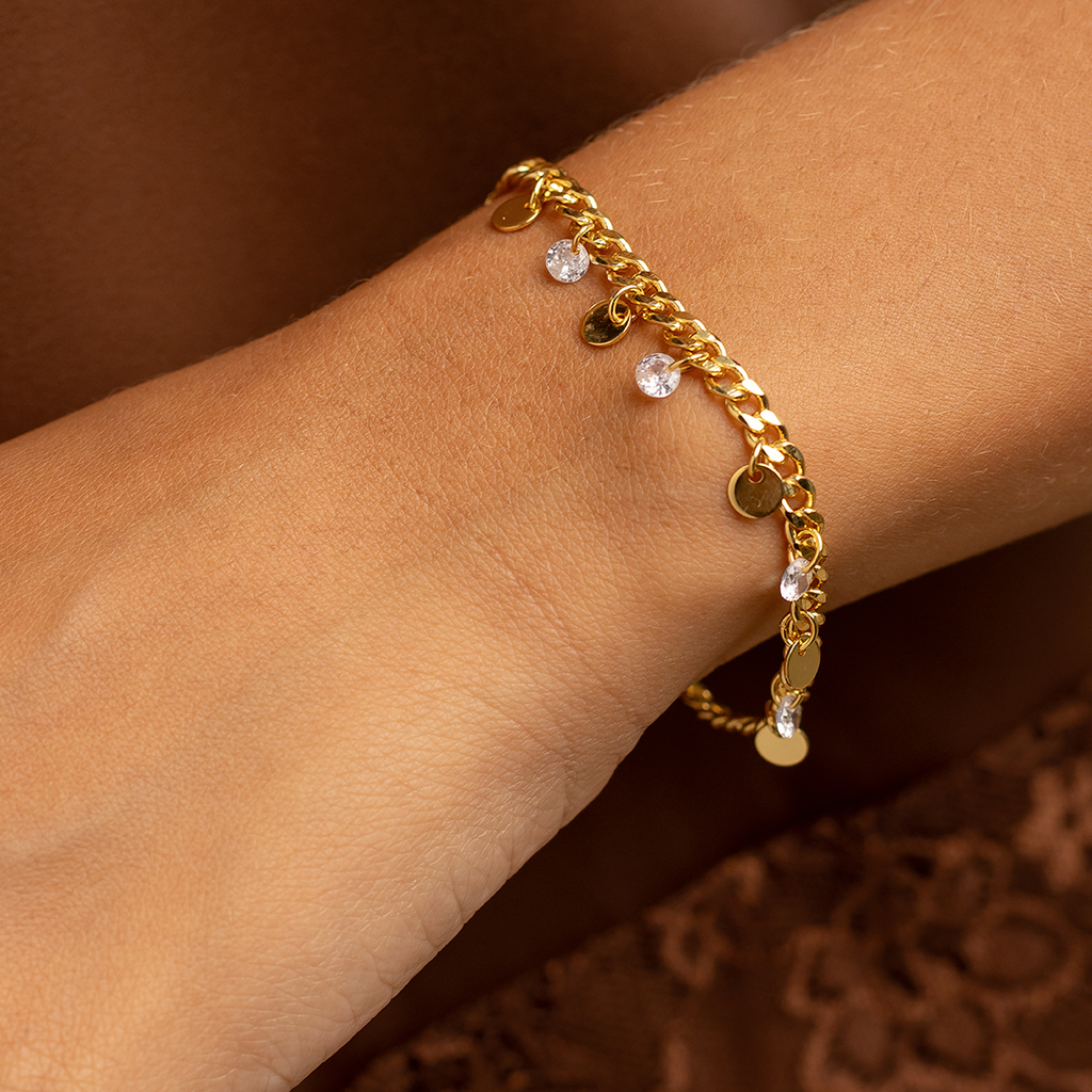 18K Gold Plated Charm Chain Bracelet with Zirconia Drops – Adjustable Dainty Link Bracelet for Women