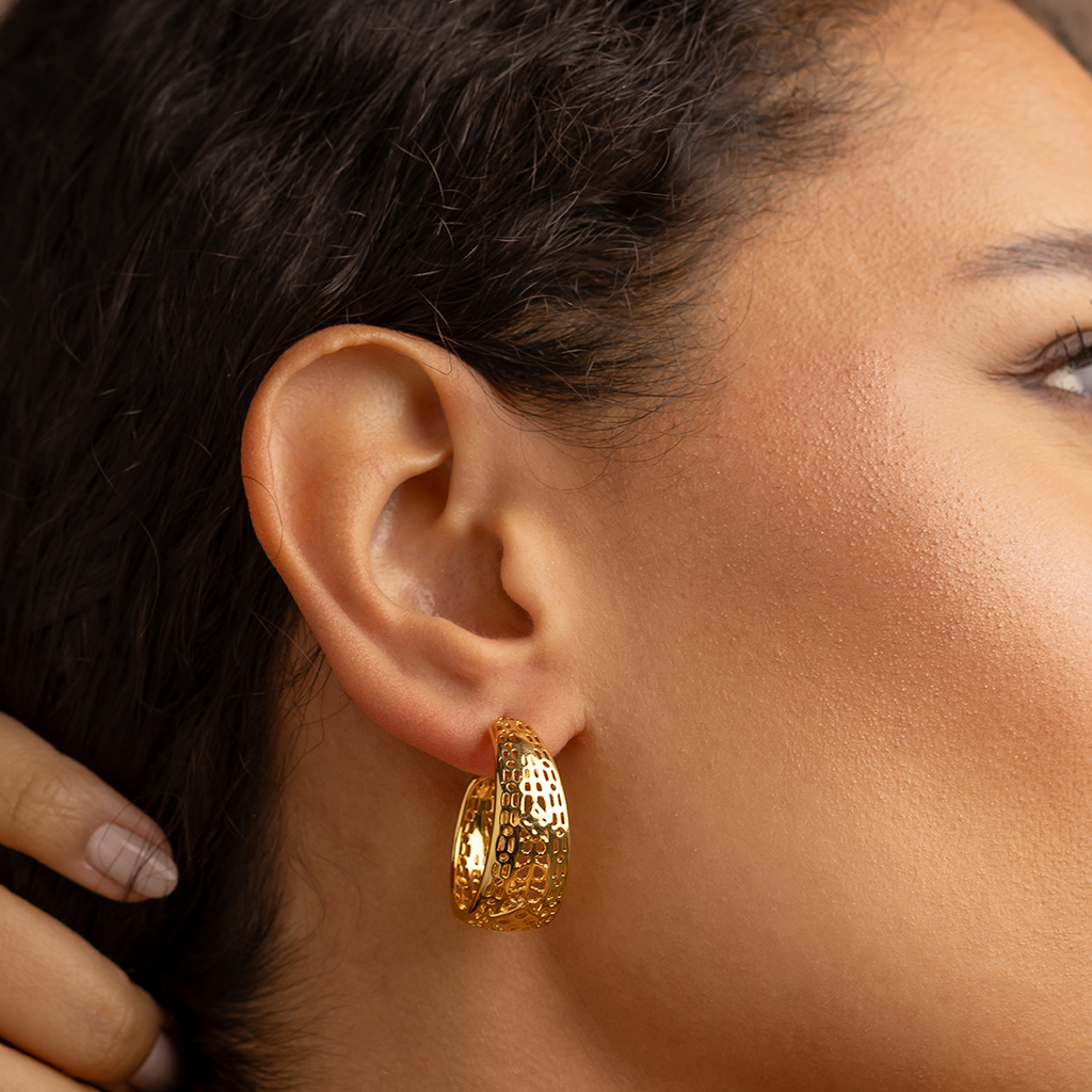 Wide Gold Cutout Hoop Earrings – 18K Gold Plated Openwork Statement Hoops
