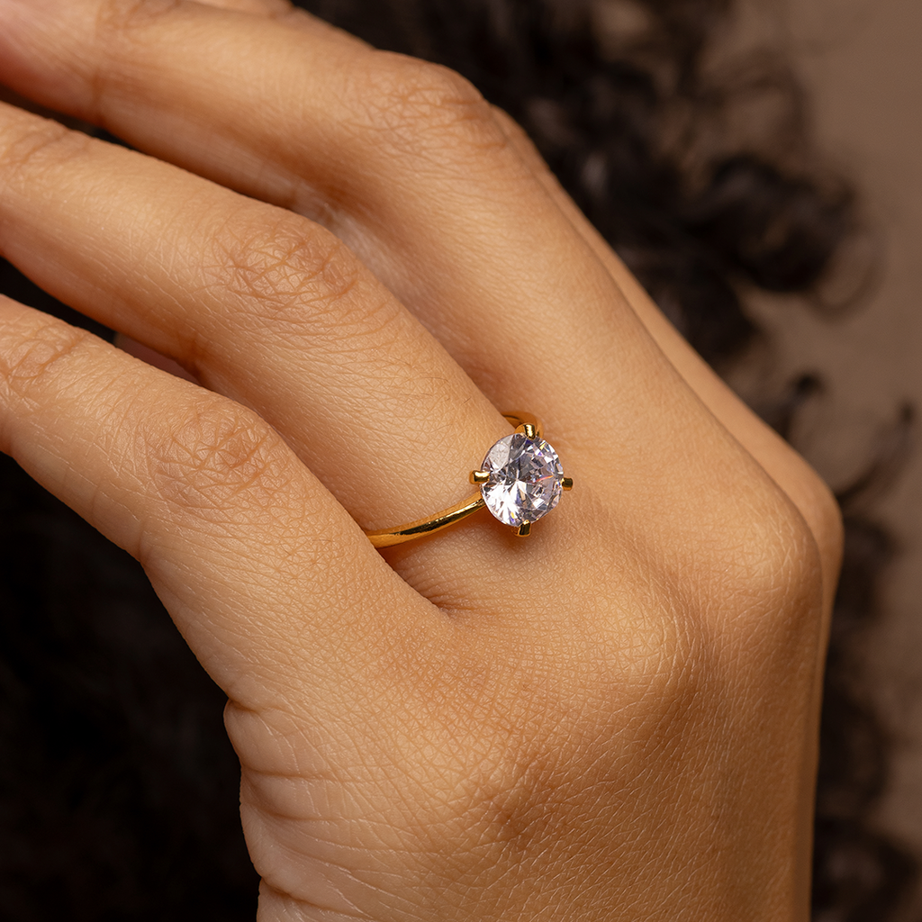 18K Gold Plated Solitaire Ring with Round Zirconia Stone – Classic Minimalist Engagement Style Ring for Women