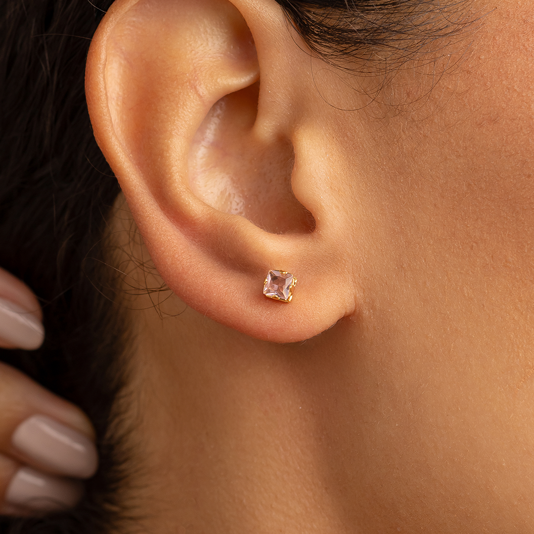 Light Pink Crystal Stud Earrings – 18K Gold Plated Square Cut