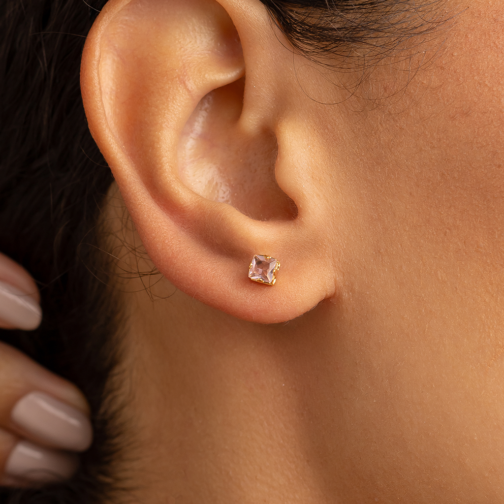 Blush Pink Crystal Stud Earrings – 18K Gold Plated Square Cut