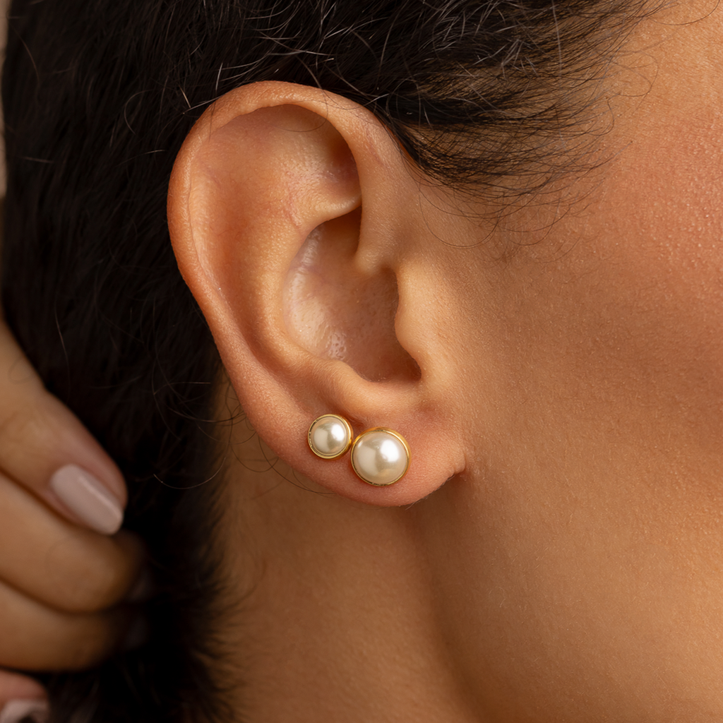 Classic Pearl Stud Earrings Duo – 18K Gold Plated Minimalist Set